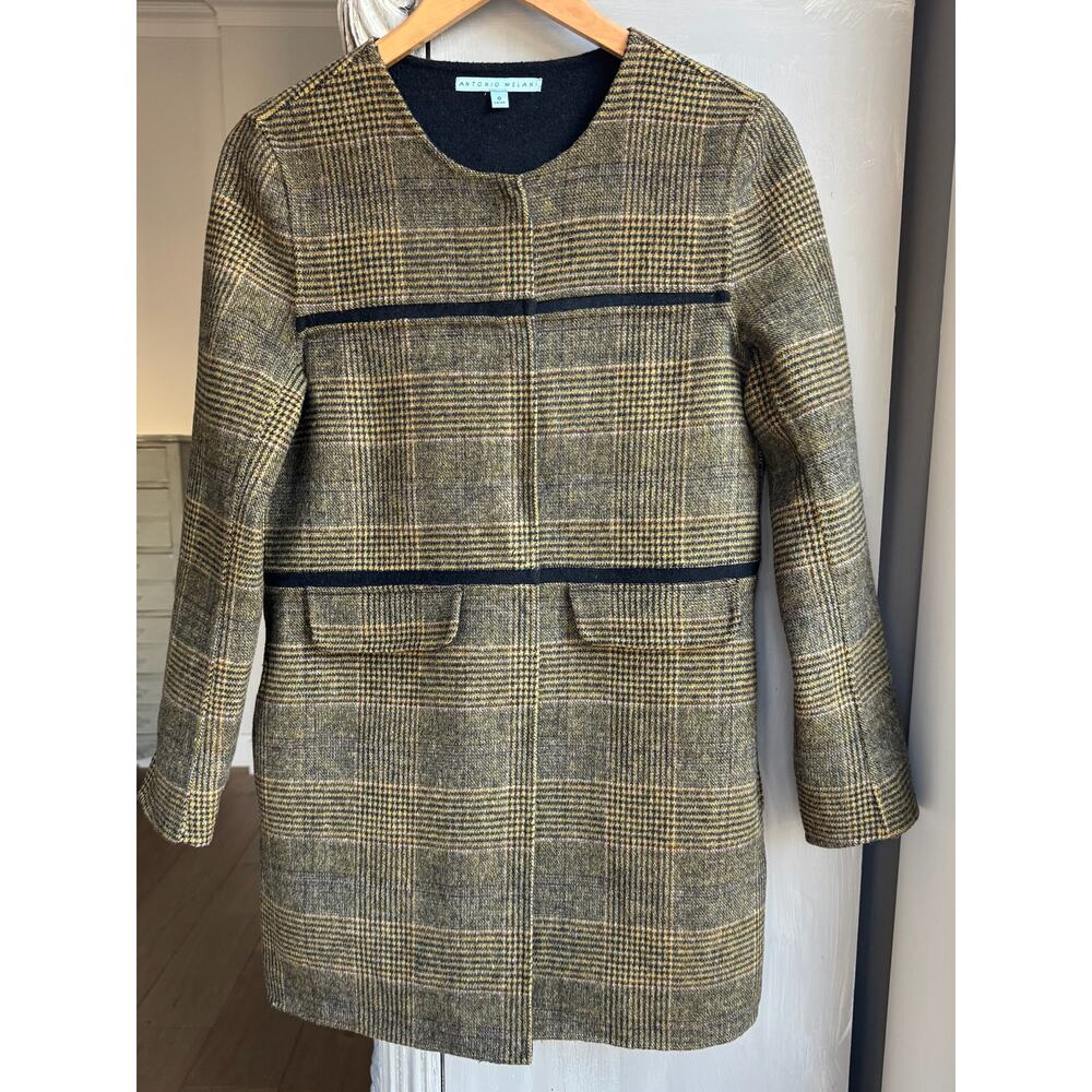 Antonio Melani Coat Sz 0 Plaid Longline Brown Black Check Wool Blend Jacket